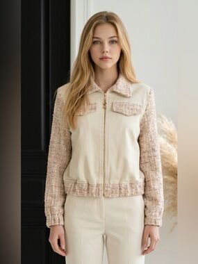 Just Me Cream Bomber Jacket with Tweed Sleeves